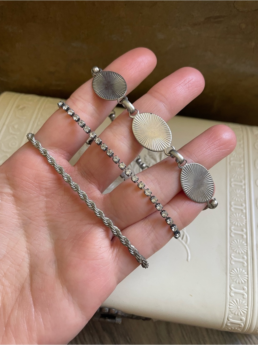 Vintage Bracelet Lot Silver Tone Panel Link, Rhinestone, Rope Chain Set 3